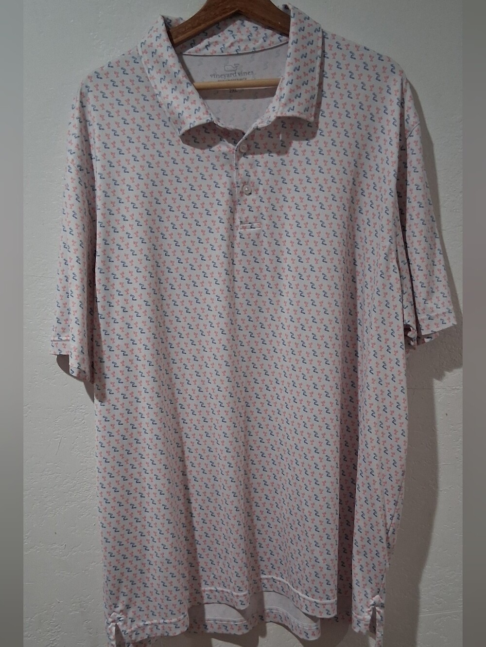 Vineyard Vines White Polo with Red & Blue Micro Martini & Cigar Print